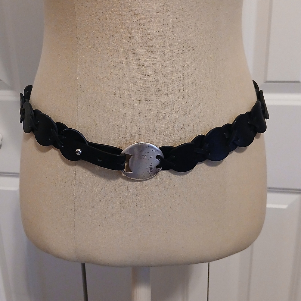 Calvin Klein Jeans CK Black Genuine Leather Circles Ladies Belt Large Medium